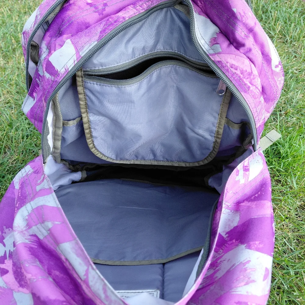 LL Bean black raspberry gray & magenta multi pocket nylon hiking school backpack
